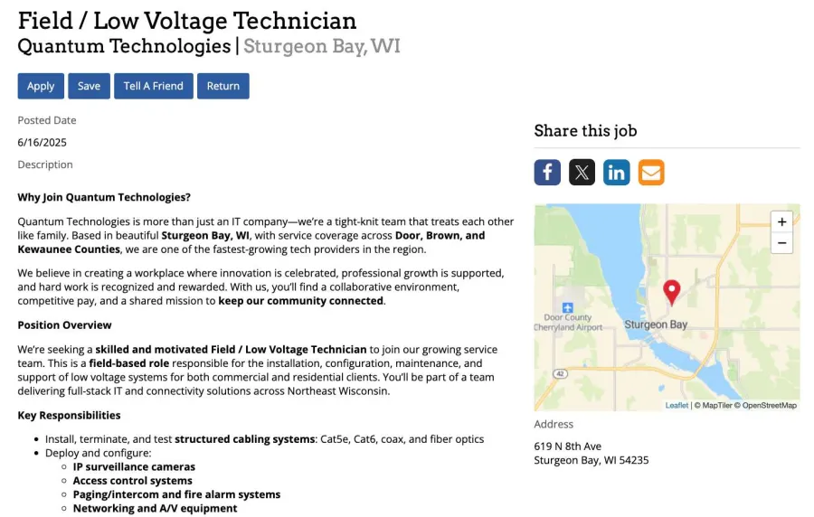 Job listing for Field Low Voltage Technician at Quantum Technologies in Sturgeon Bay, WI with map location and application options