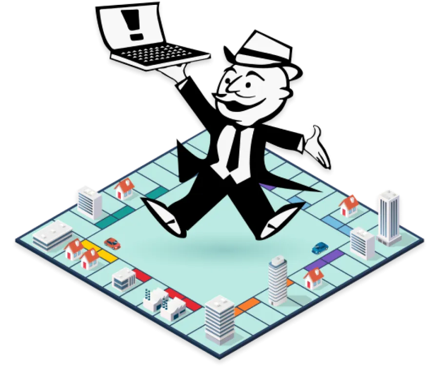 Monopoly mascot holding laptop with exclamation mark above a colorful Monopoly board game with houses and buildings.