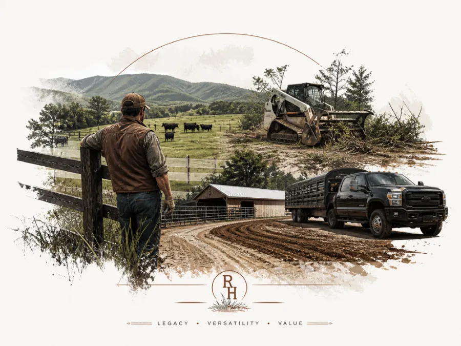 Farmer overlooking cattle, skid steer clearing brush, and black livestock truck on muddy farm road with barn and hills.