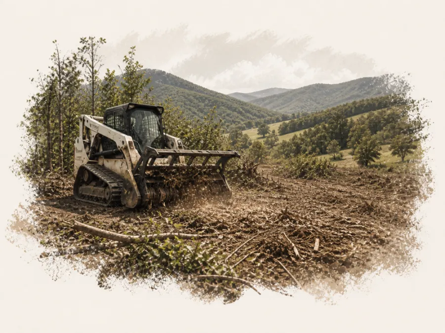 Bulldozer clearing a wooded area with mountains and trees in the background under cloudy sky