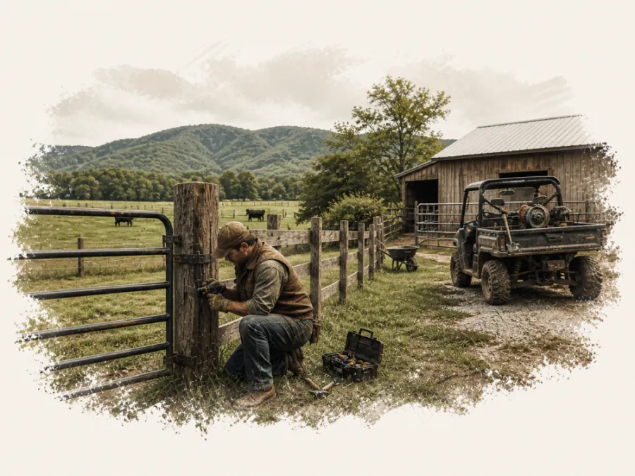 Man repairing farm gate with tools near barn and ATV in countryside with mountains and cows in background