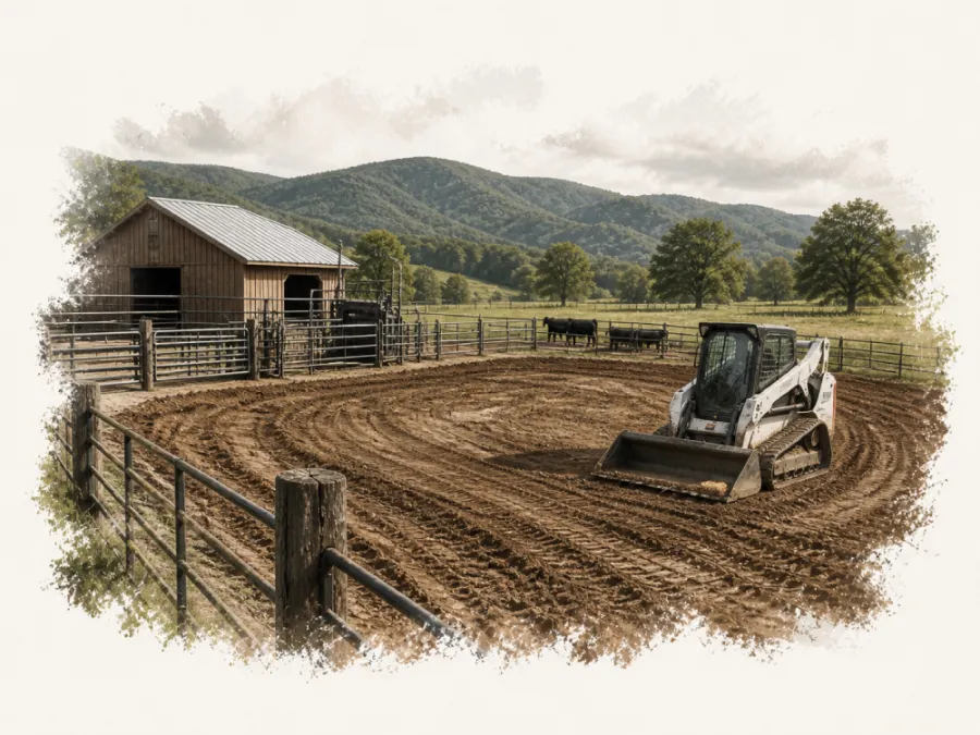 Compact loader grading a fenced dirt area near a barn with cattle and mountains in the background.