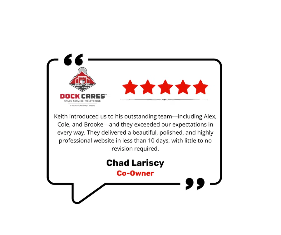 Dock Cares customer testimonial praising a team for delivering a polished professional website in under 10 days with five-star rating.