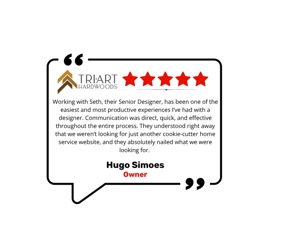 Five-star customer testimonial for Tri-Art Hardwoods praising senior designer Seth's excellent service and communication.