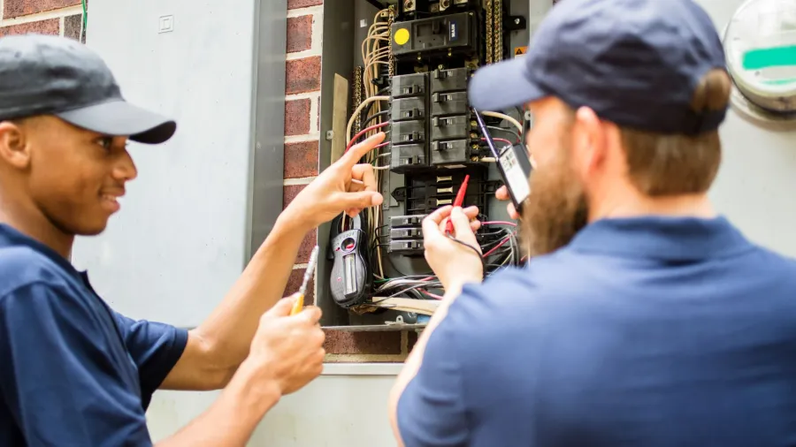 a couple of men working on a computer