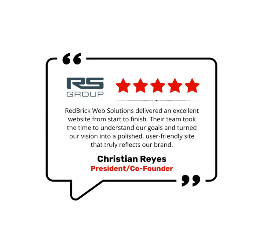 RS Group testimonial with 5-star rating praising RedBrick Web Solutions for excellent website delivery and branding.