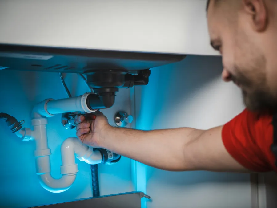 Plumber tightening pipes under sink with white PVC plumbing and blue lighting in close-up view.