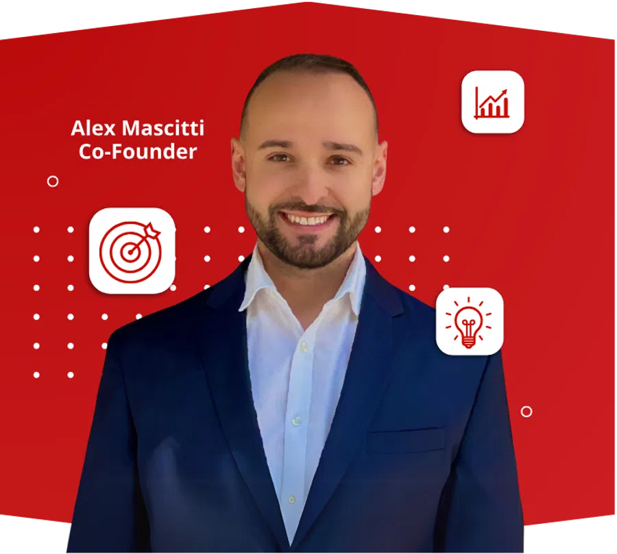 Portrait of Alex Mascitti, Co-Founder, smiling in a blue suit against a red background with business icons.