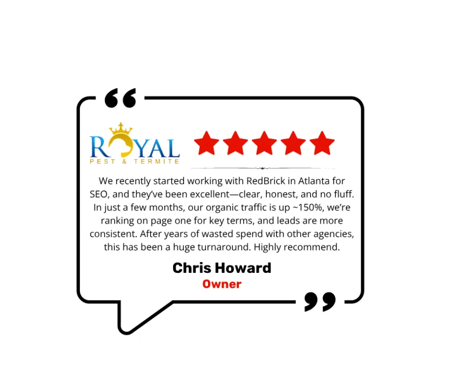 Royal Pest & Termite five-star review praising RedBrick's SEO services and increased organic traffic.