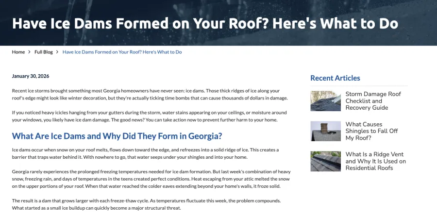 Article explaining causes and prevention of ice dams forming on roofs in Georgia during winter storms