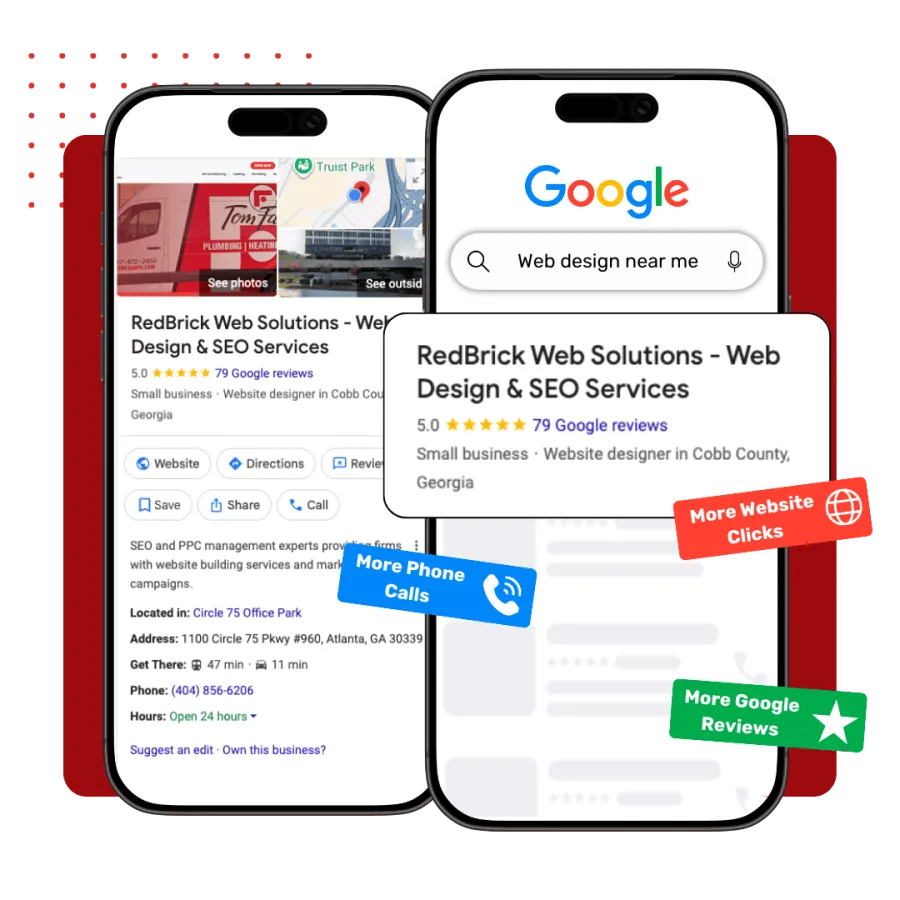 Two smartphones showing RedBrick Web Solutions Google listing with call, website, and reviews highlights.
