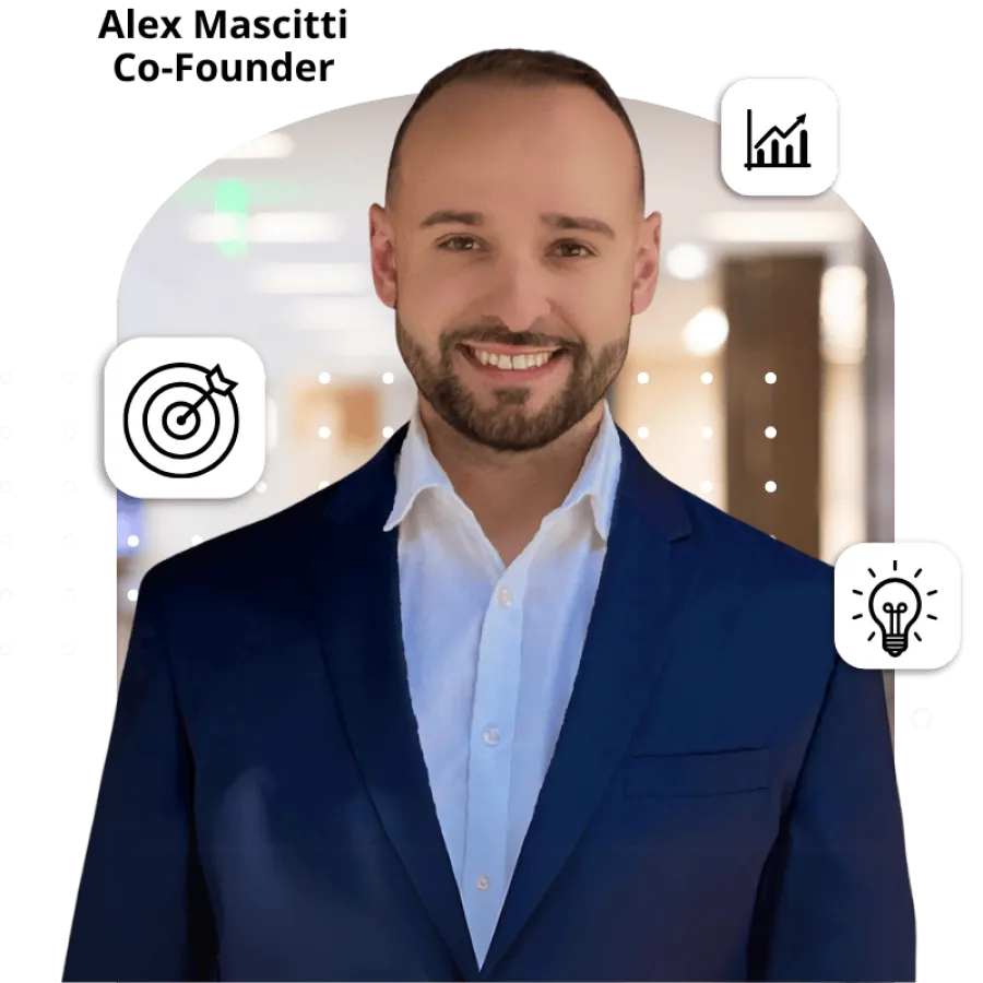 Smiling man in a business suit with icons for growth, target, and ideas, labeled as Alex Mascitti Co-Founder