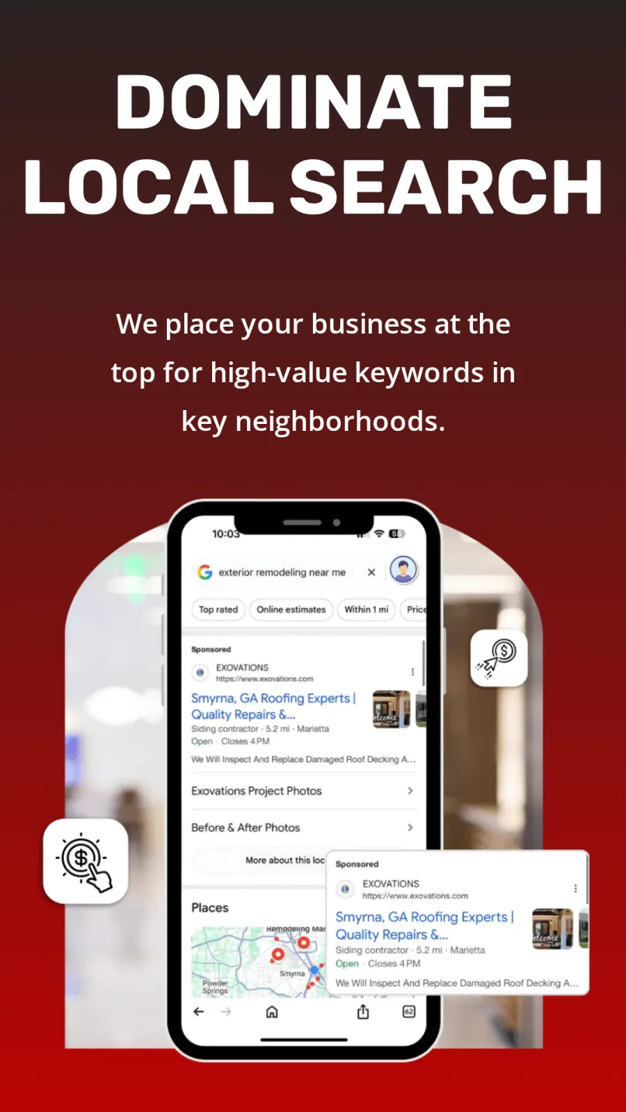 Smartphone showing local SEO search results for roofing experts with calls to dominate local business rankings.