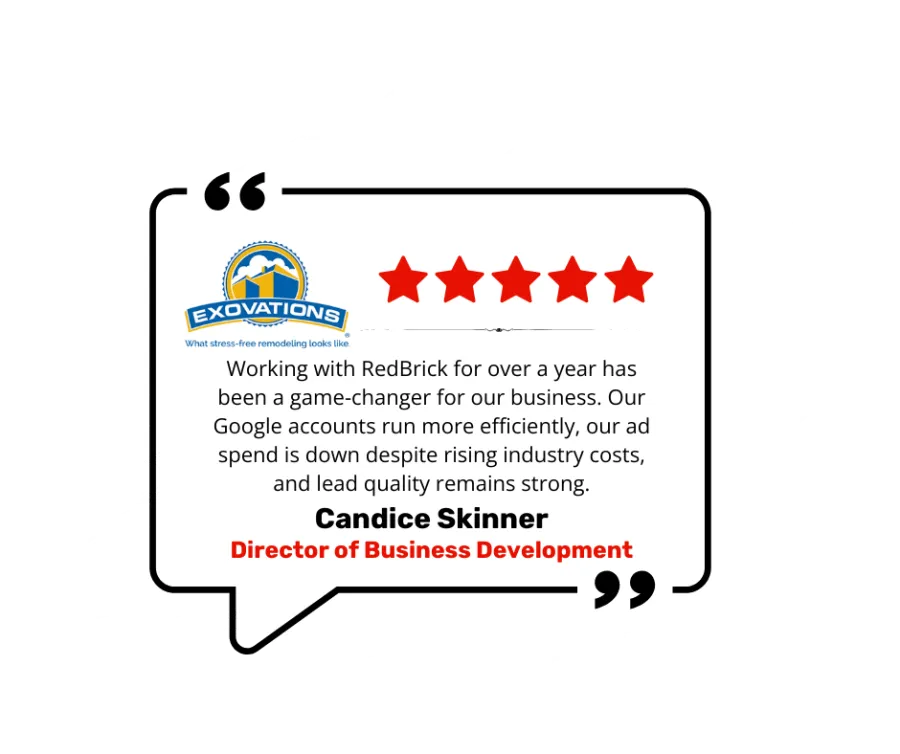 Five-star review from Candice Skinner, Director of Business Development at Exovations, praising RedBrick's impact on business.