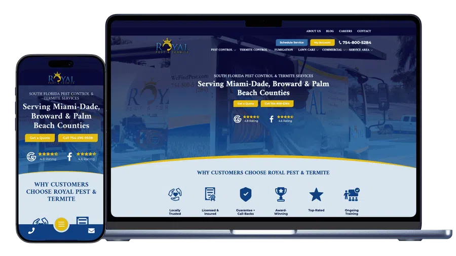 Royal Pest & Termite website homepage shown on mobile and laptop screens with service details and contact options.