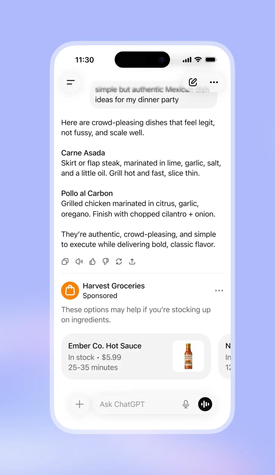 Smartphone screen showing Mexican dinner party recipe ideas with Carne Asada and Pollo al Carbon details and hot sauce ad.
