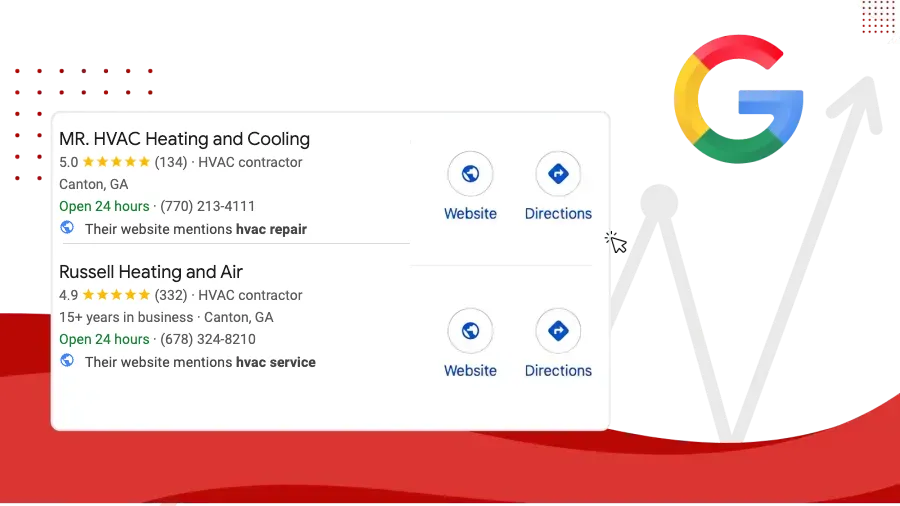 Google local business listings for HVAC contractors showing ratings, reviews, and contact information in Canton, GA.