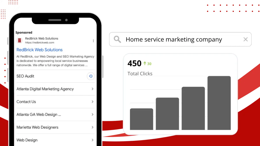 Sponsored search result listing for RedBrick Web Solutions offering web design and SEO marketing services.