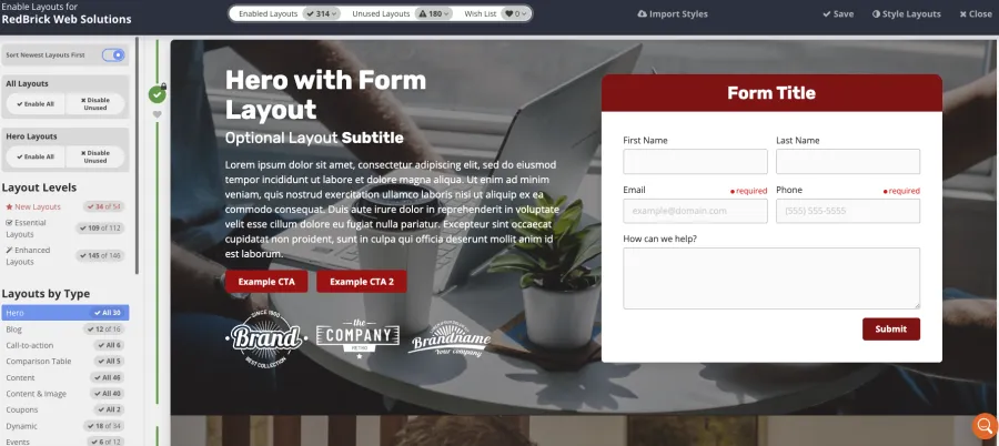 Website hero section with headline, subheadline, call-to-action buttons, brand logos, and a user form on a blurred background.