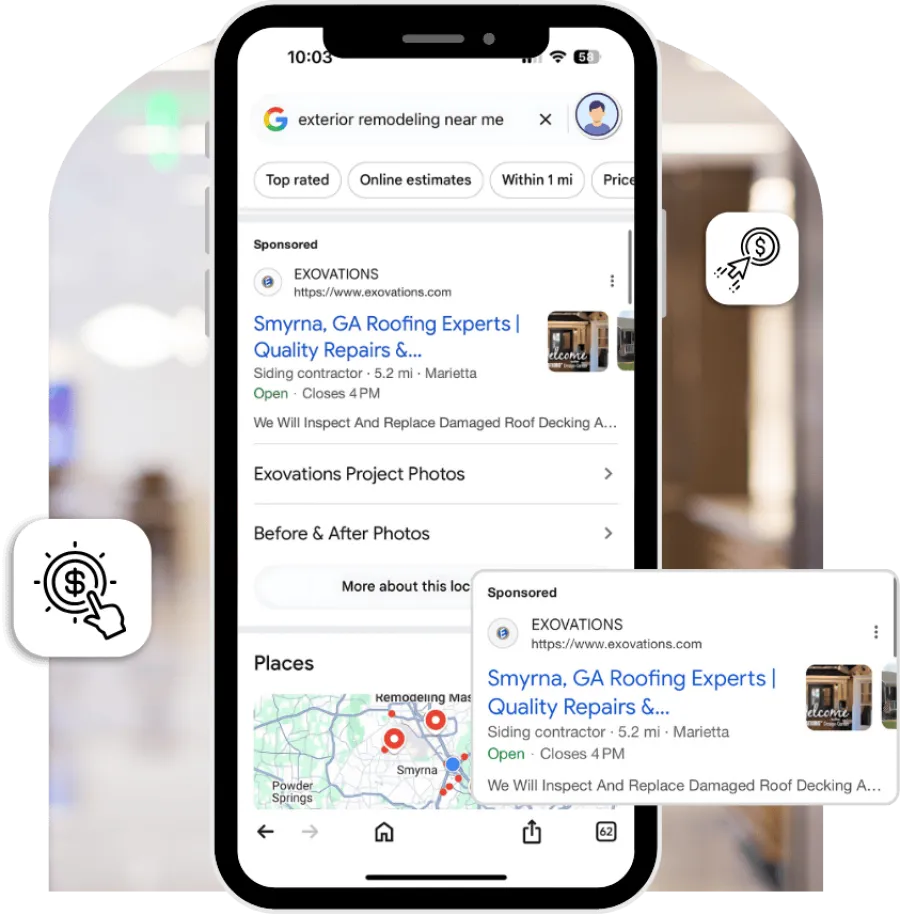 Mobile phone screen showing Google search results for exterior remodeling and roofing experts near Smyrna, GA.