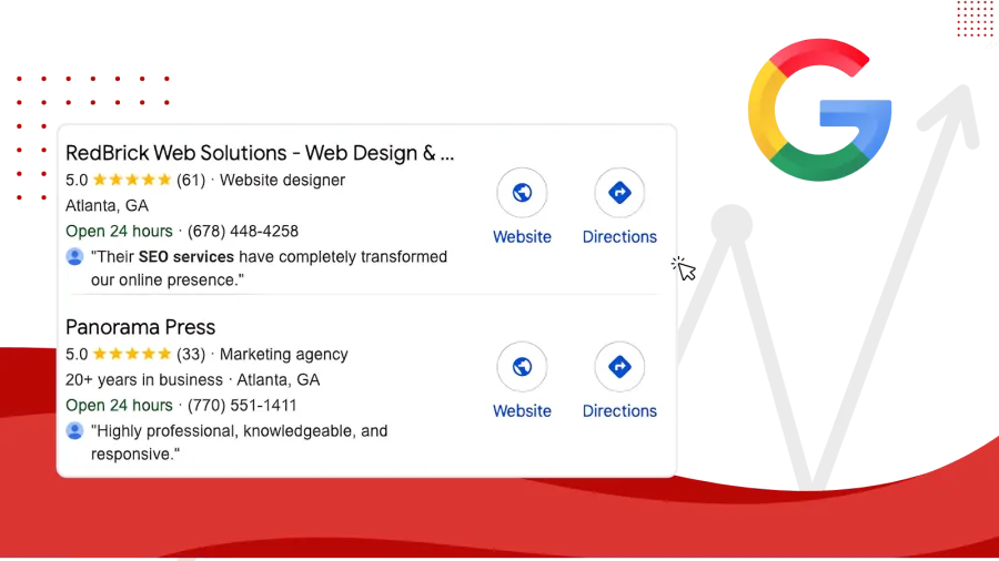 Google search results showing top-rated web design and marketing agencies in Atlanta, Georgia with ratings and contact info.