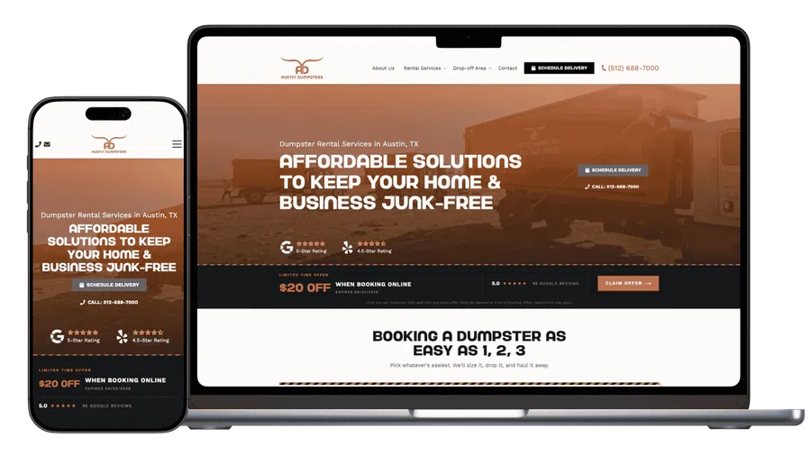Austin Dumpsters website on mobile and laptop showing affordable junk removal and rental services in Austin TX.