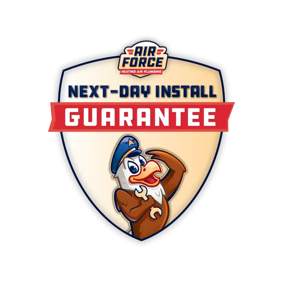 Air Force Heating Air Plumbing badge with eagle mascot and next-day install guarantee text on shield.