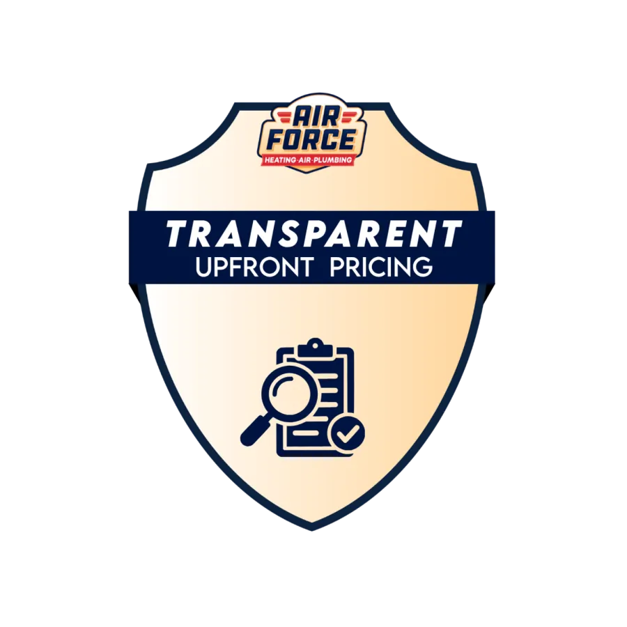 Shield emblem with Air Force logo, highlighting transparent upfront pricing and a magnifying glass clipboard icon.