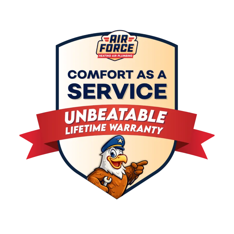 Air Force Heating and Air Plumbing logo with mascot and banner proclaiming unbeatable lifetime warranty comfort as a service.