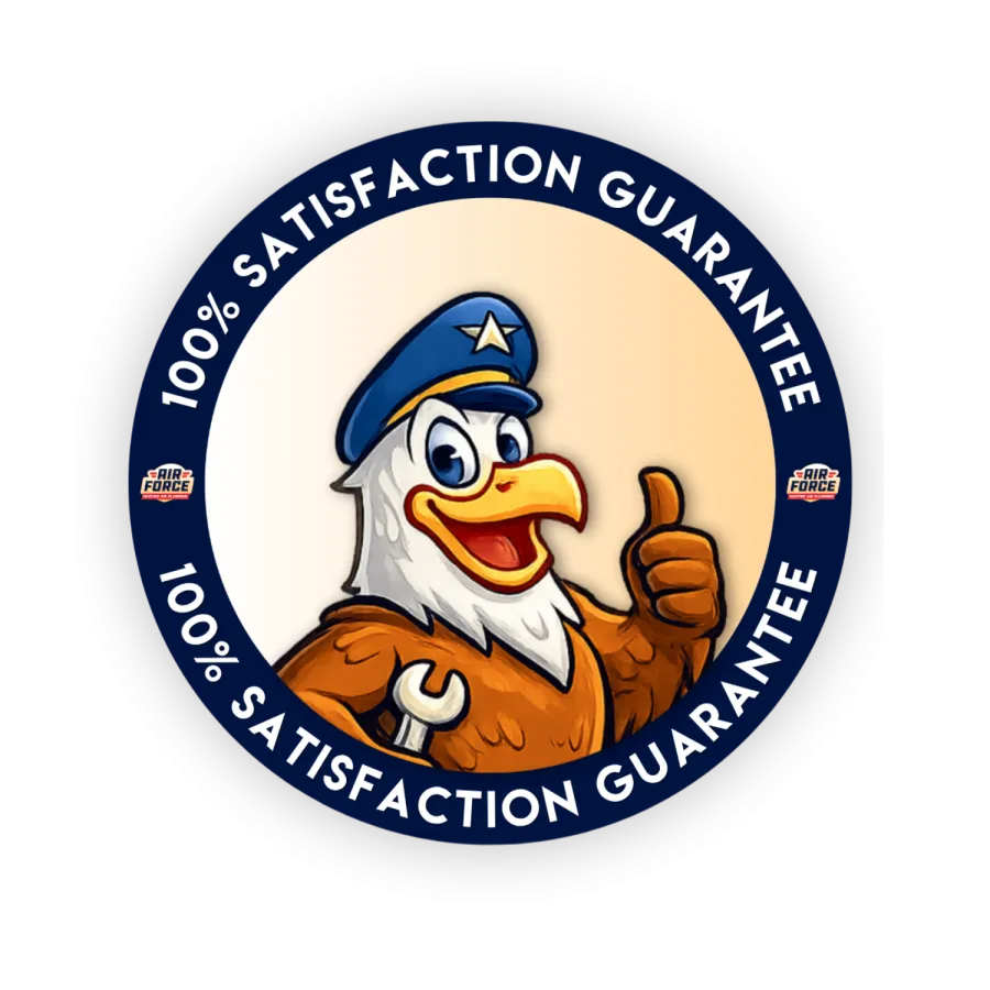 Cartoon eagle in blue cap giving thumbs up inside a circle with 100% satisfaction guarantee text on dark background.