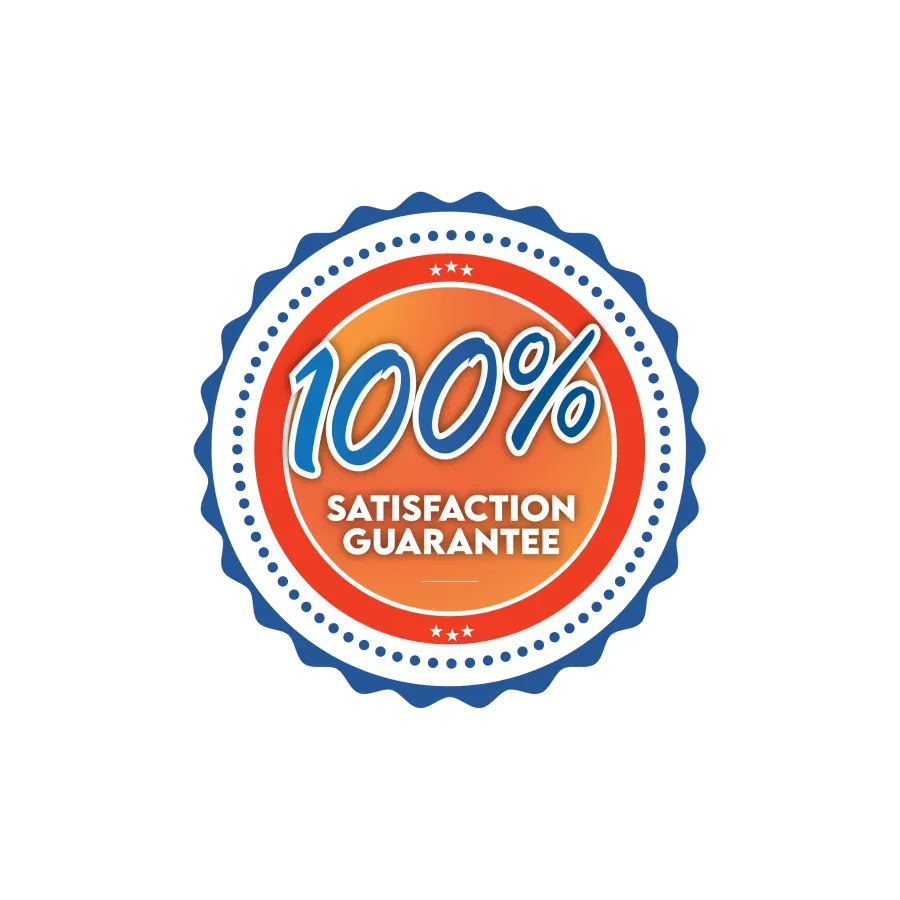 Circular badge with blue, red, and orange colors stating 100% satisfaction guarantee inside.