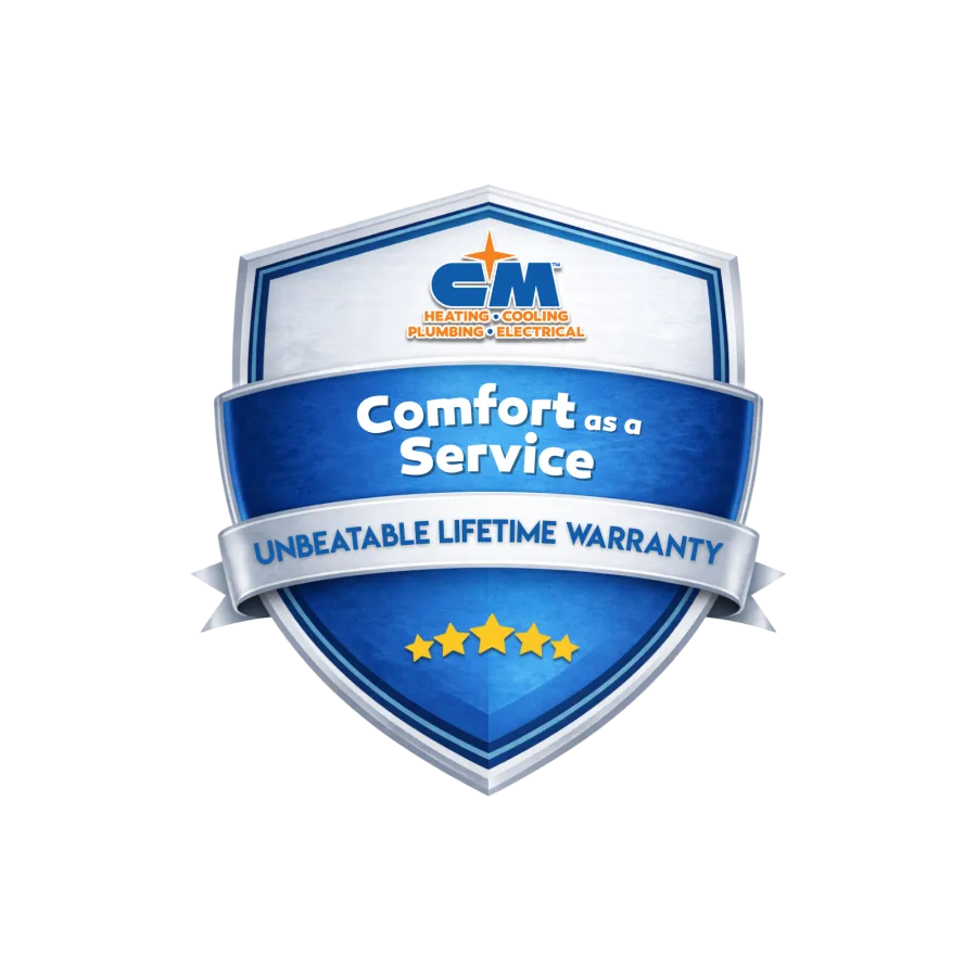 Blue shield badge with CM logo and text Comfort as a Service, Unbeatable Lifetime Warranty, and five gold stars.