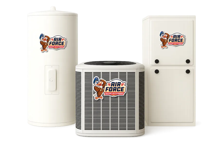 Heating and air conditioning units with Air Force Heating Air Plumbing logos on a white background