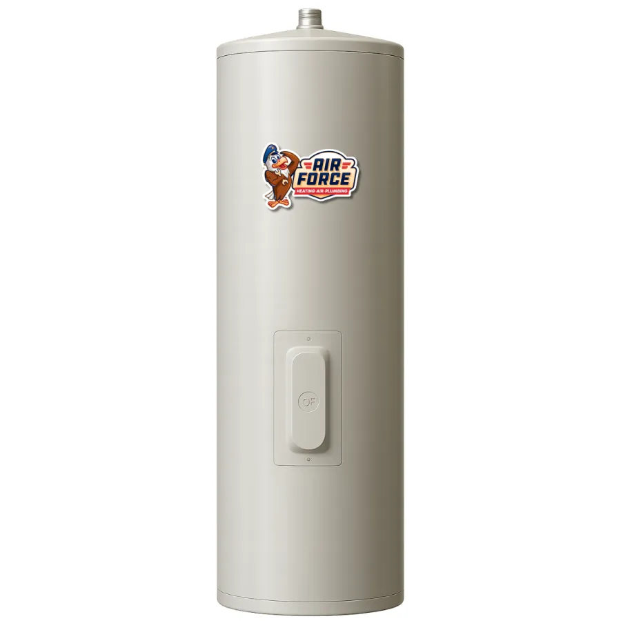 Tall beige water heater with an Air Force Heating Air Plumbing logo featuring a cartoon bird mascot on white background.