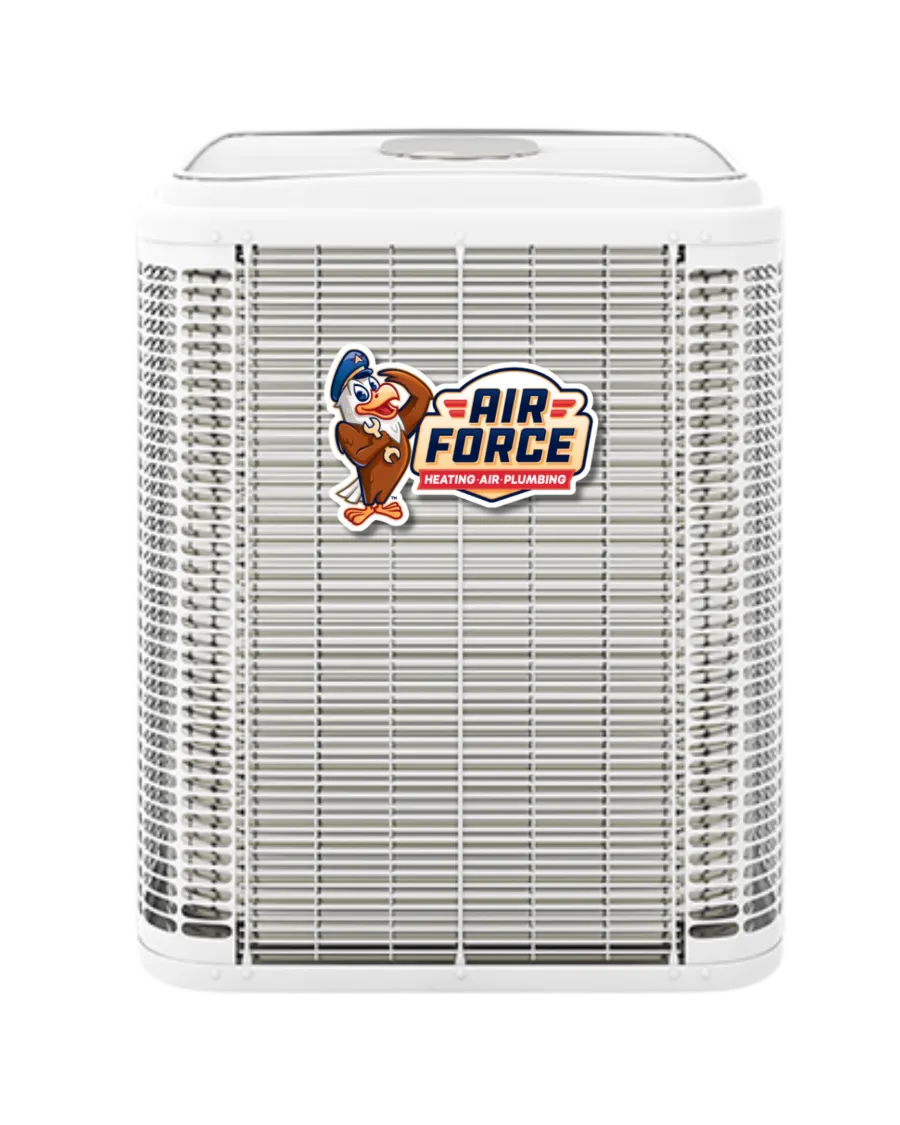 White Air Force branded HVAC unit with cartoon bird mascot and Heating Air Plumbing text on front grille.