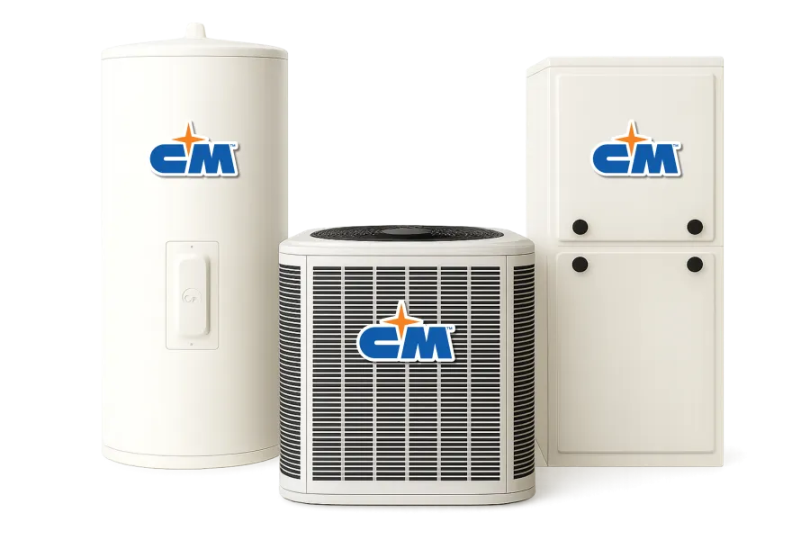CM branded home HVAC units including water heater, air conditioner, and furnace in white with blue logos.