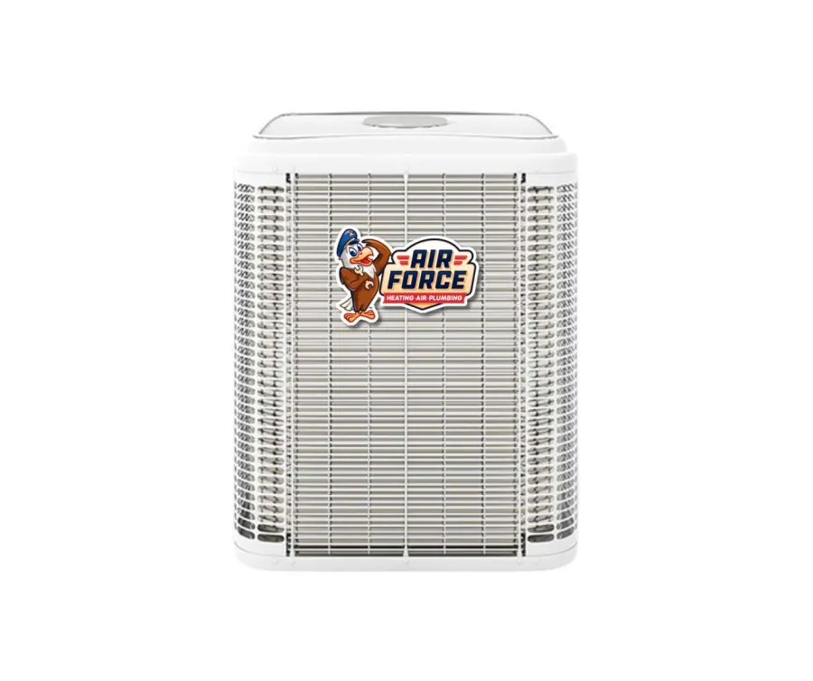 White Air Force branded heating and cooling unit with a cartoon eagle logo on front grille.
