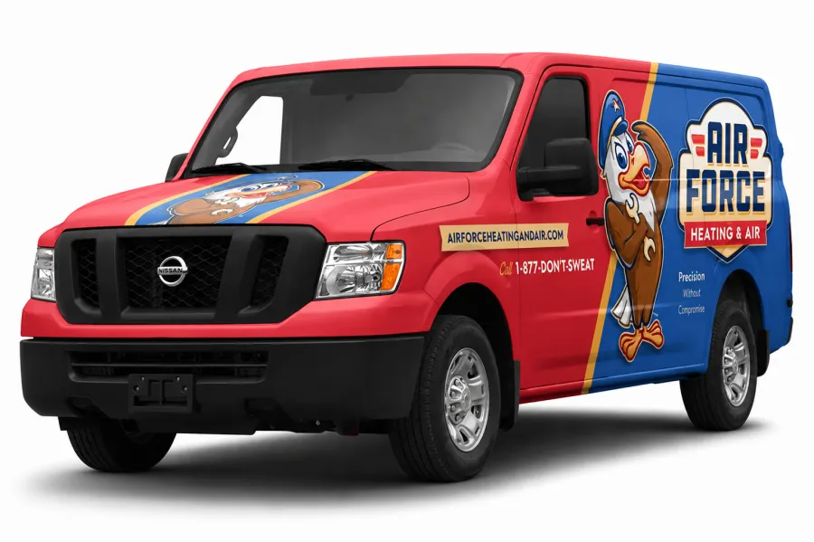 Red and blue Nissan van with Air Force Heating & Air branding and cartoon eagle mascot on the side and hood.