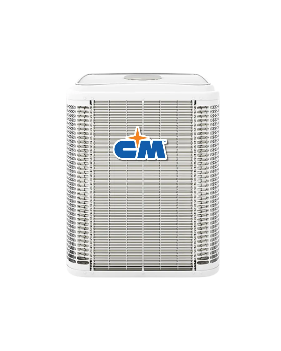 White outdoor air conditioning unit with CM logo and metal protective grille on black background.