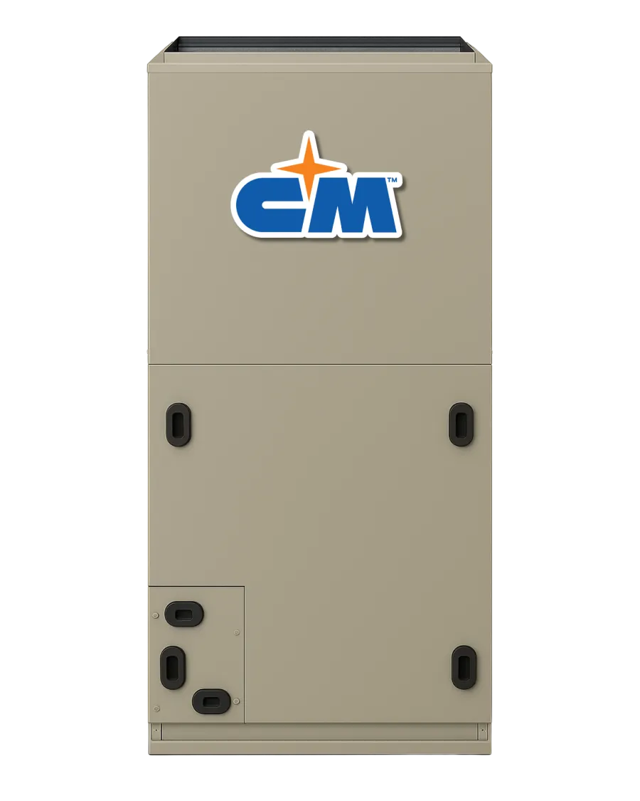 Vertical beige HVAC unit with blue CM logo and multiple black vents isolated on white background.