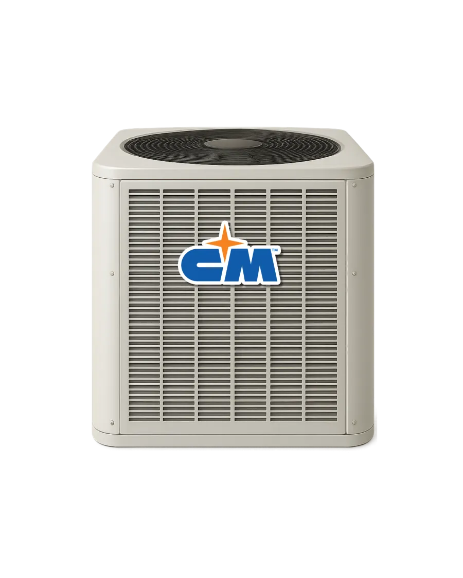Square beige outdoor air conditioner unit with top fan and CM logo on front grille.