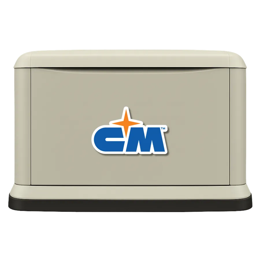 Beige home standby generator with a blue and orange C M logo on the front panel.