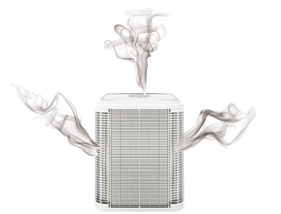 White air purifier emitting visible swirling smoke or vapor from the top and sides on a white background.