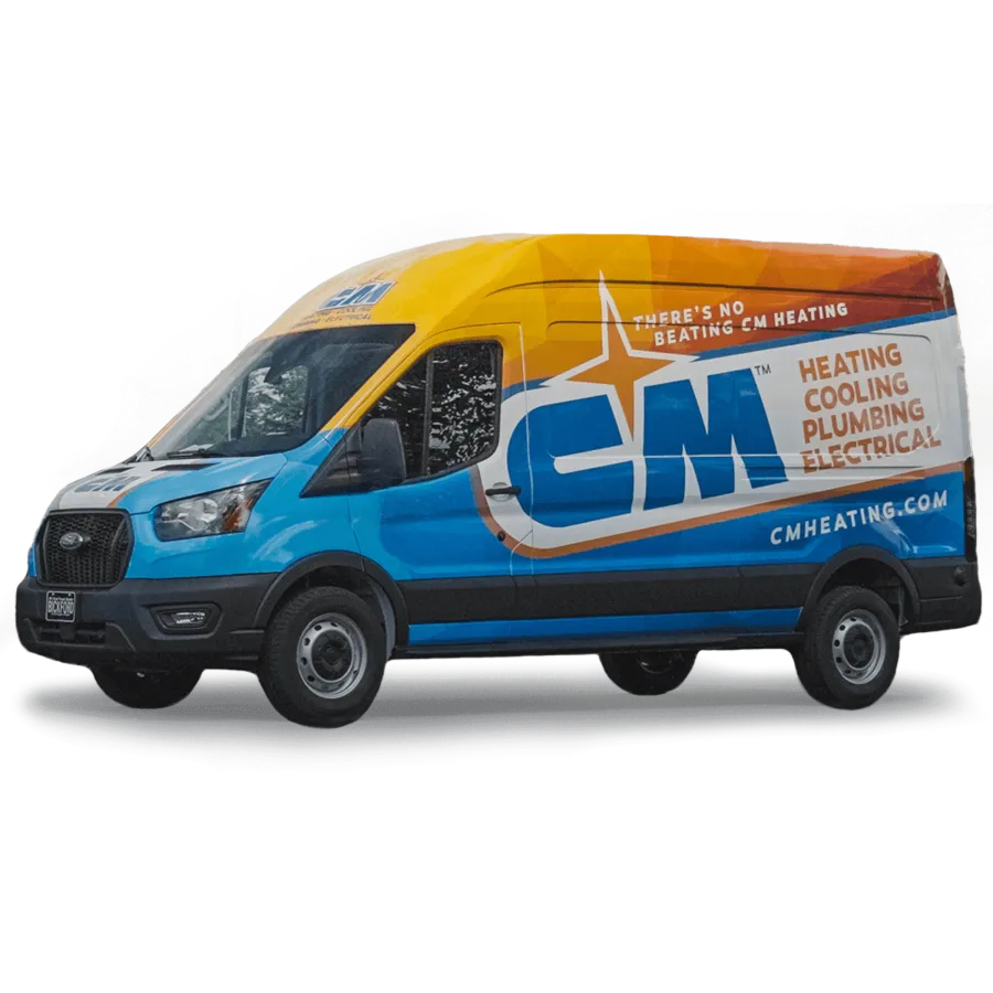 CM Heating service van with blue, orange, and white colors displaying heating, cooling, plumbing, and electrical services.