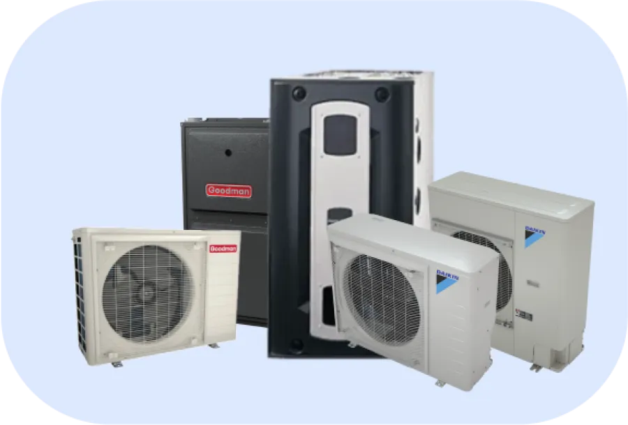 Various Goodman and Daikin HVAC units including air conditioners and heat pumps displayed on a light background