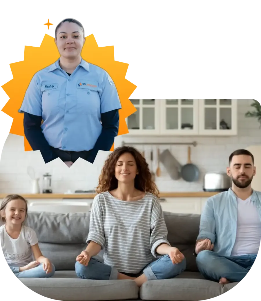 Family meditating on couch in living room with smiling utility worker in uniform in sunburst overlay.