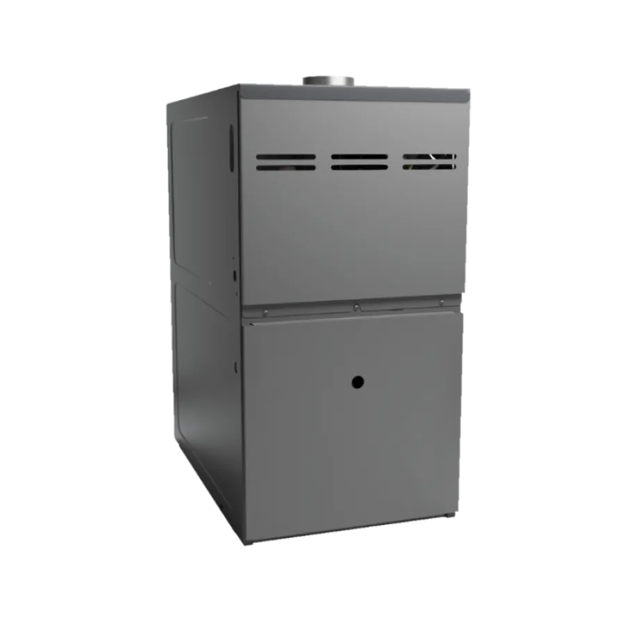 Gray metal furnace or heating unit with vent slots and pipe connection on top viewed from an angle.