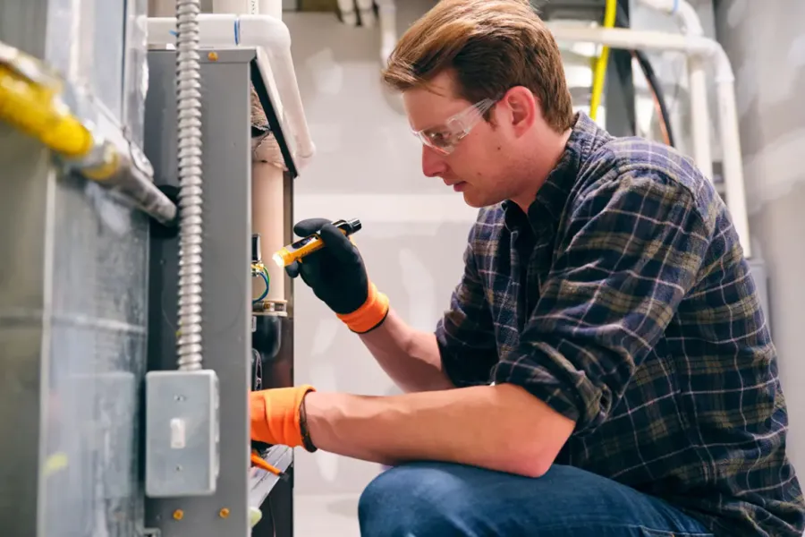 Technician wearing gloves and safety glasses inspecting HVAC system using a flashlight in a utility room.