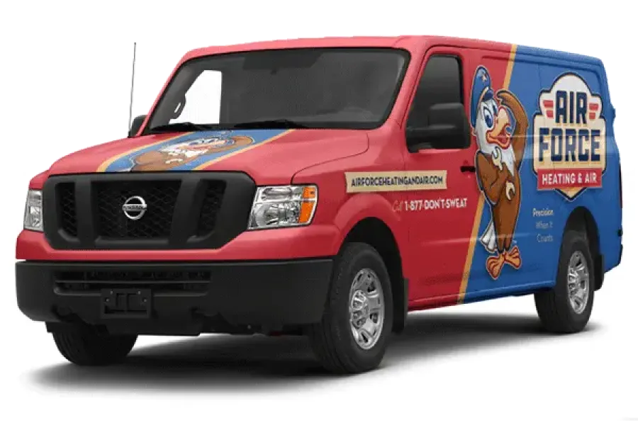 Red and blue Air Force Heating & Air service van with mascot logo and contact information on the side and hood.