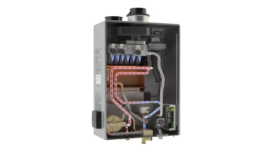 Cutaway view of a gas boiler showing internal components and flow of heated and cooled air within the unit.